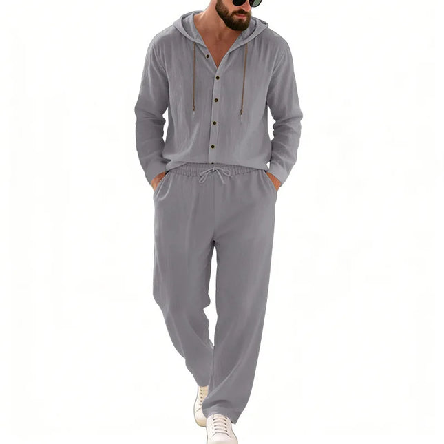 Men's 2-Piece Casual Outfit with Hooded Button-Down Shirt and Long Pants Set
