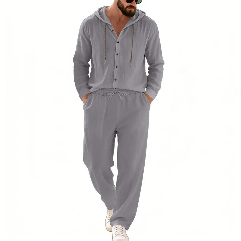 Men's 2-Piece Casual Outfit with Hooded Button-Down Shirt and Long Pants Set