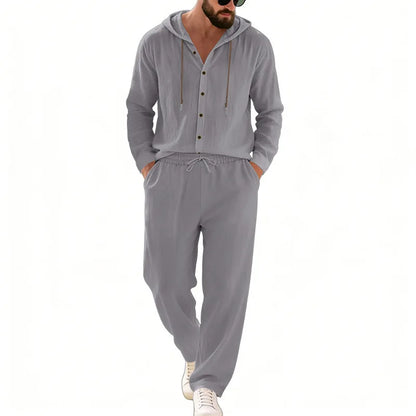 Men's 2-Piece Casual Outfit with Hooded Button-Down Shirt and Long Pants Set