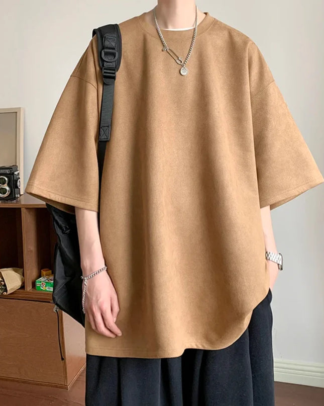 Men's Oversized Faux Suede Short Sleeve T-Shirt with Round Neck