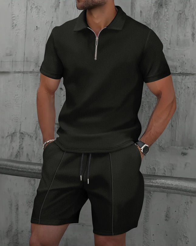 Men's Two-Piece Zip-Up Lapel T-Shirt and Shorts Set - Casual Summer Activewear