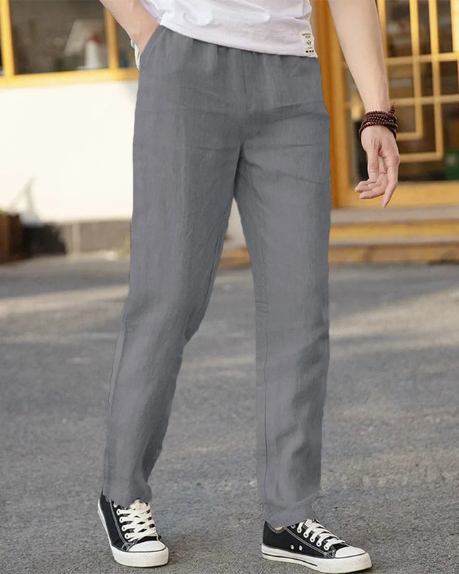 Men's Cotton Linen Pants - Straight Leg, Elastic Waist, Lightweight & Breathable Trousers