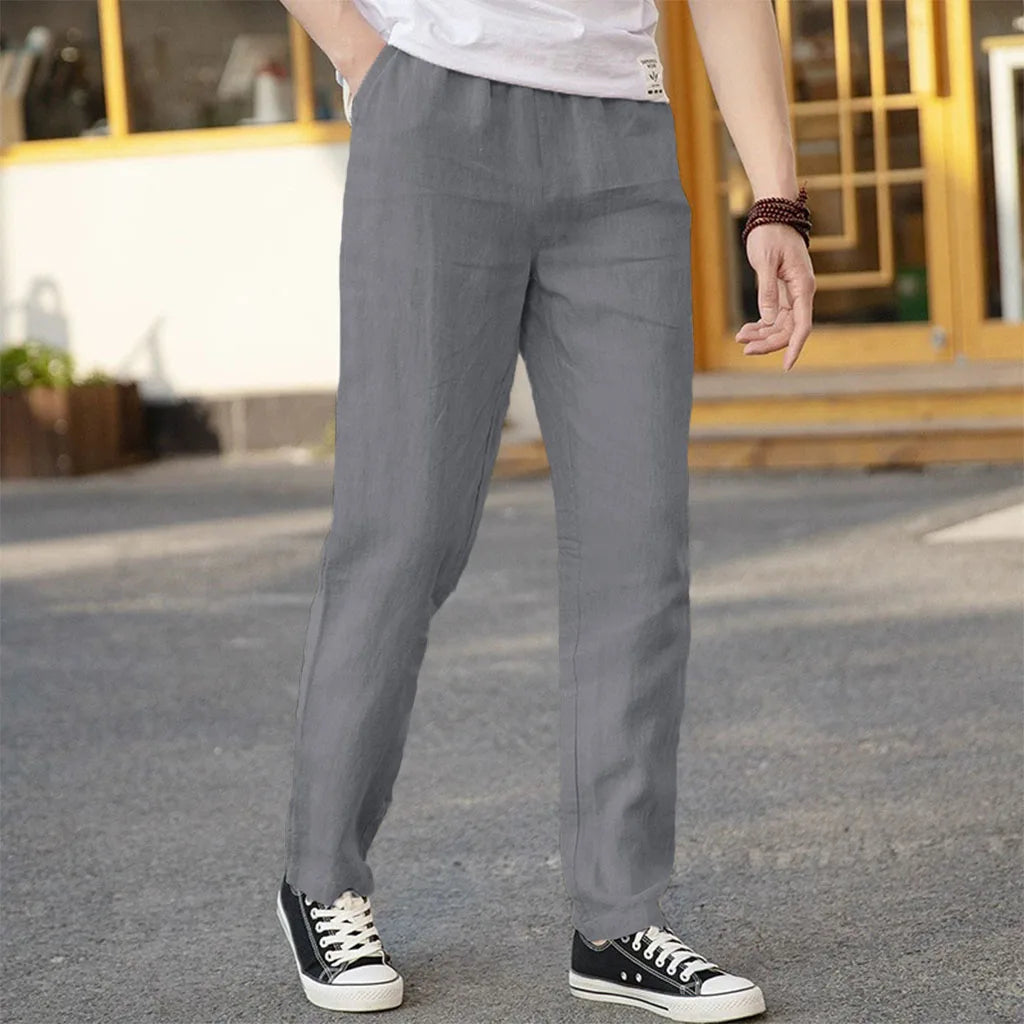 Men's Cotton Linen Pants - Straight Leg, Elastic Waist, Lightweight & Breathable Trousers