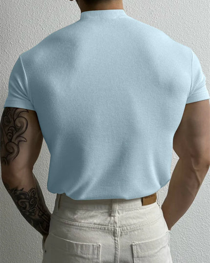 Men's Slim Fit Short Sleeve T-Shirt with High Collar and Stripe Design
