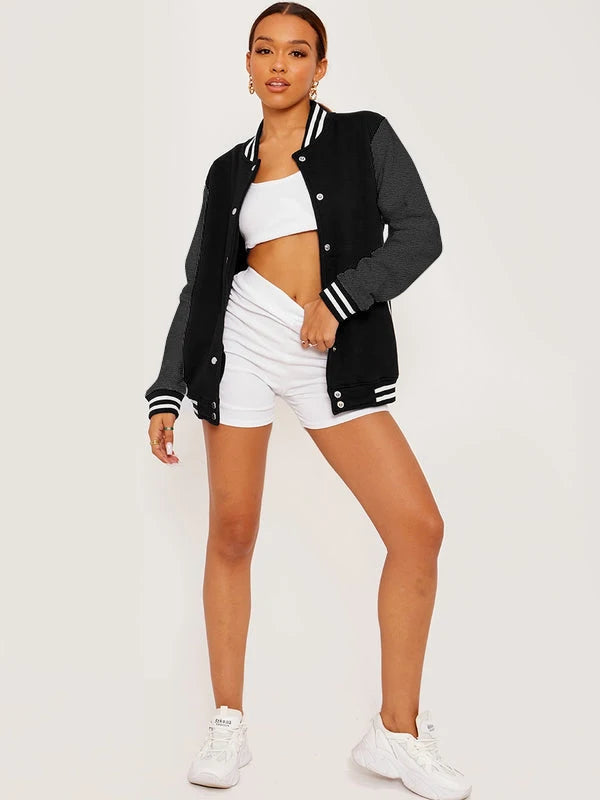 Women's Oversized Korean-Style Baseball Jacket with Button Closure