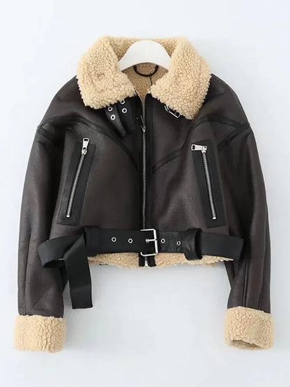 Women's Faux Leather Fur Short Jacket with Belt