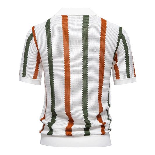 Men's Ribbed Knit Polo Shirt – Stylish Striped Casual Wear for Men