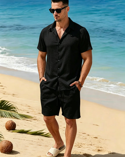 Men’s Textured Lapel Shirt and Shorts Set