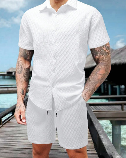 Men's Textured Two-Piece Short Sleeve Shirt and Drawstring Shorts Set