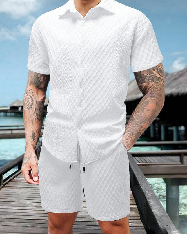 Men's Textured Two-Piece Short Sleeve Shirt and Drawstring Shorts Set