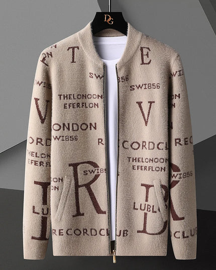 Retro Jacquard Men's Cardigan Jacket with Stand-Up Collar
