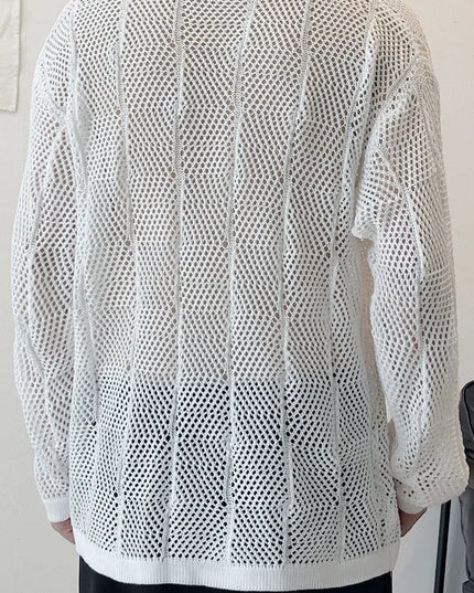 Men's Thin Hollow V-Neck Sweater - Loose Fit, Long-Sleeved
