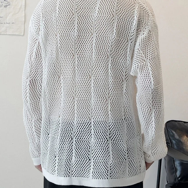 Men's Thin Hollow V-Neck Sweater - Loose Fit, Long-Sleeved