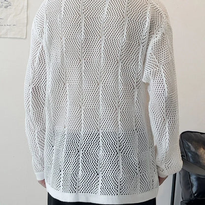 Men's Thin Hollow V-Neck Sweater - Loose Fit, Long-Sleeved