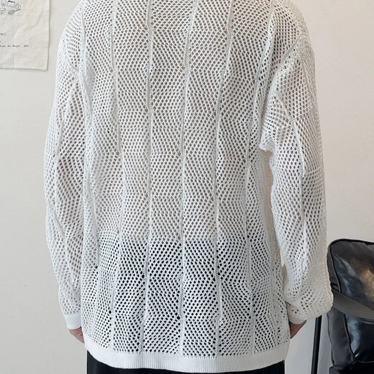 Men's Thin Hollow V-Neck Sweater - Loose Fit, Long-Sleeved