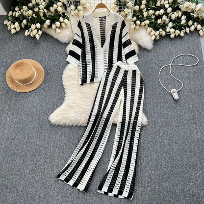 Wishyear Women's Two-Piece Striped Knit V-Neck Hollow Out Button Top & Wide Leg Pants Set