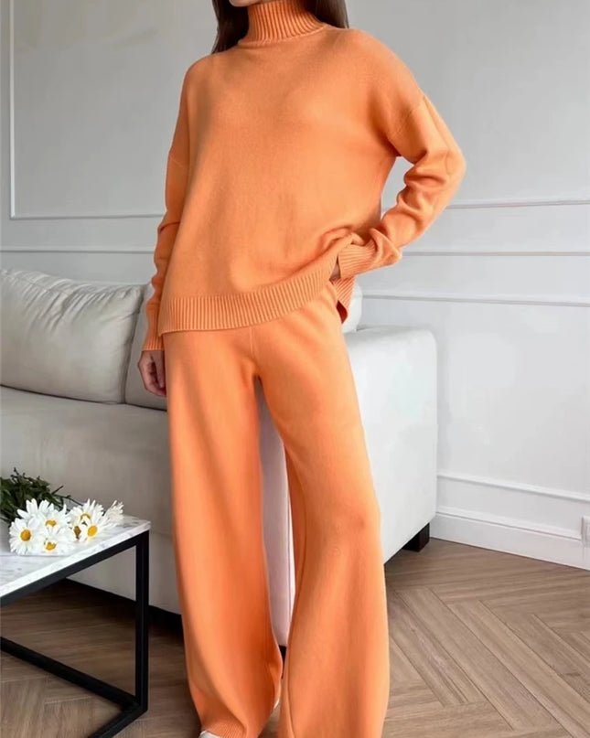 Women's 2 Piece Knitted Turtleneck Sweater & Straight Leg Pants Set