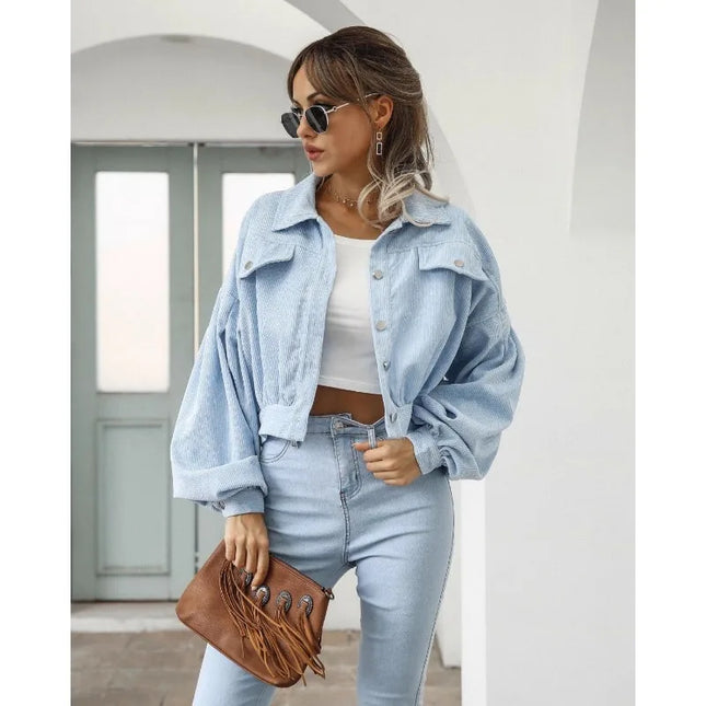 Women's Casual Lapel Corduroy Jacket with Lantern Sleeves