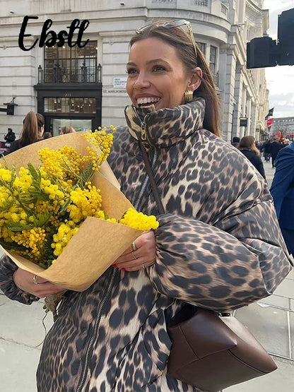 Women's Leopard Print Cotton Coat with Detachable Hood and Zipper Closure