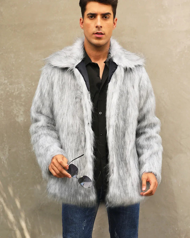 Men's Thick Fluffy Faux Fur Coat with Long Sleeves