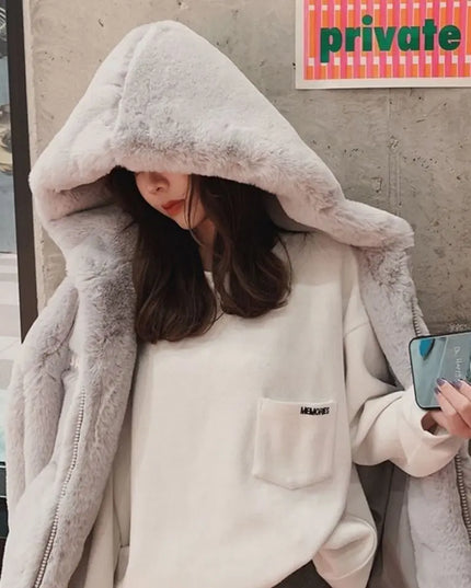 Women's Loose Plush Faux Fur Hooded Jacket