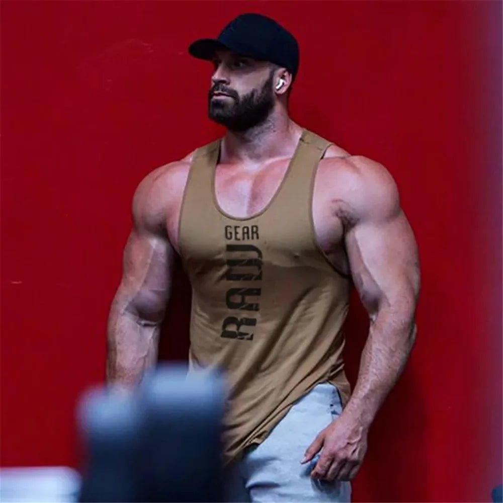 Men's "Raw Gear" Graphic Cotton Stringer Tank Top - Various Colors