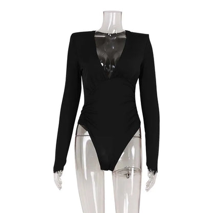Women's Long Sleeve Deep V-Neck Bodysuit - Slim Fit
