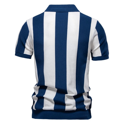 Men's Breathable Striped Polo Shirt - Casual Knit T-Shirt with Zipper Closure