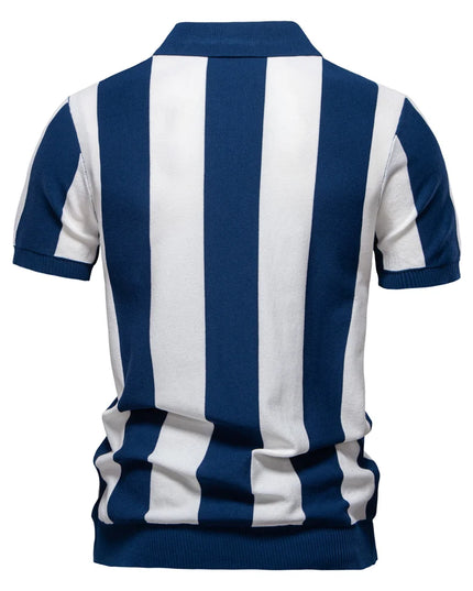 Men's Breathable Striped Polo Shirt - Casual Knit T-Shirt with Zipper Closure