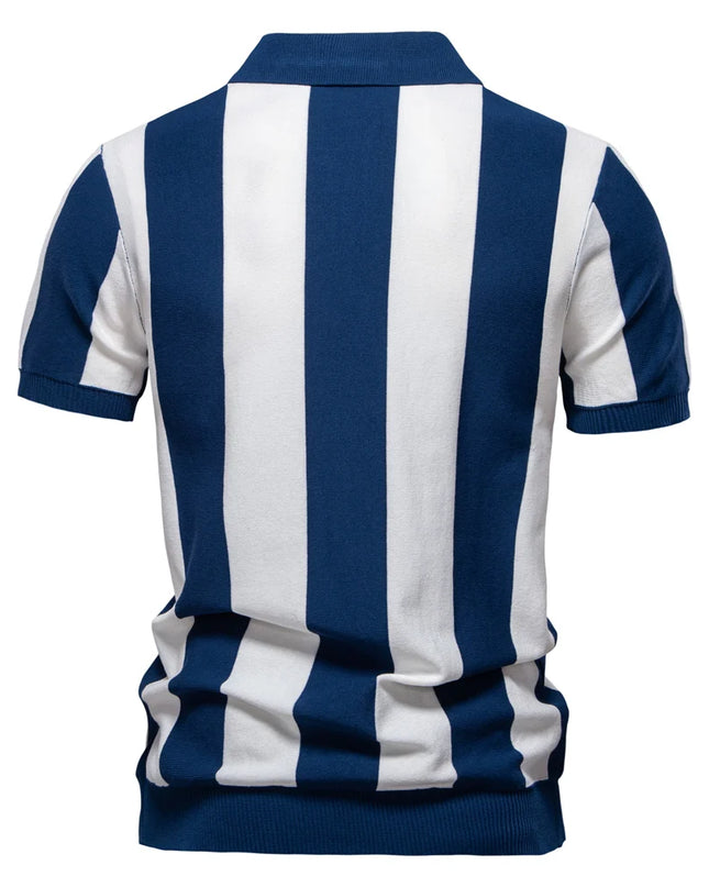Men's Breathable Striped Polo Shirt - Casual Knit T-Shirt with Zipper Closure