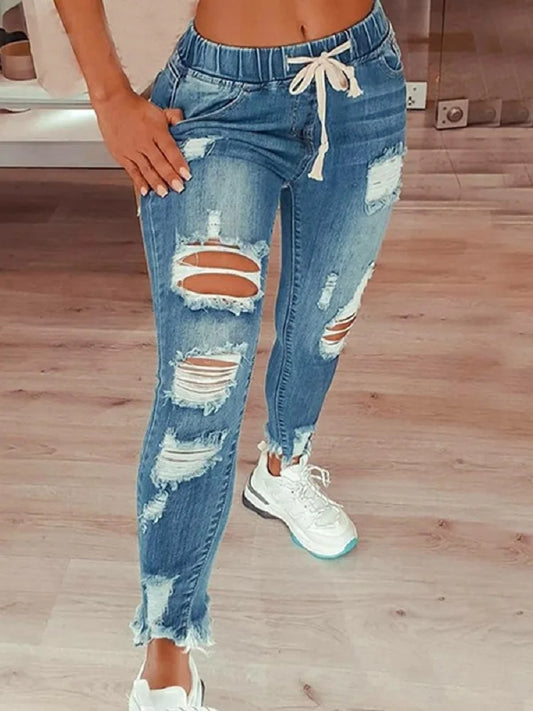 Women’s Drawstring Ripped Denim Jeans