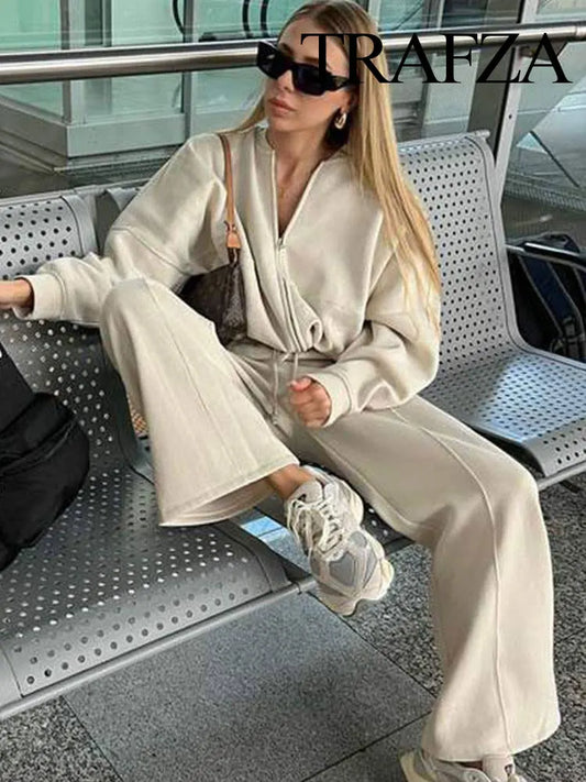 TRAFZA Women's 2-Piece Retro Zipper Jacket & High-Waisted Lace-Up Loose Pants Set