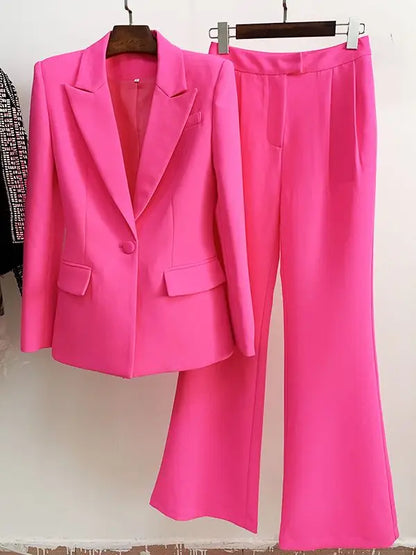 Women's Single Button Slim Fit Blazer & Flare Pants Suit Set – Elegant Two-Piece Business & Casual Outfit