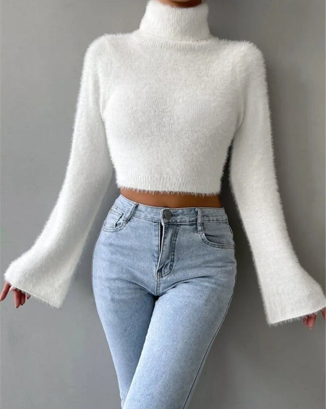 Women's Short Flare Sleeve Mock Neck Cropped Knit Sweater