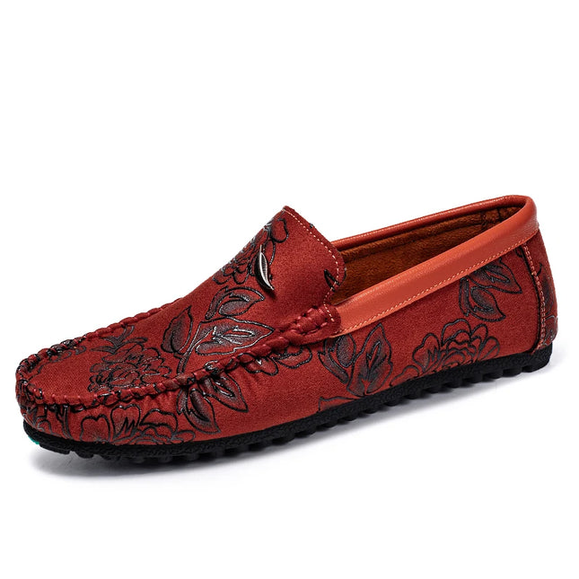 Men's Flower-Printed Faux Leather Slip-On Loafers - Stylish and Comfortable Men's Shoes