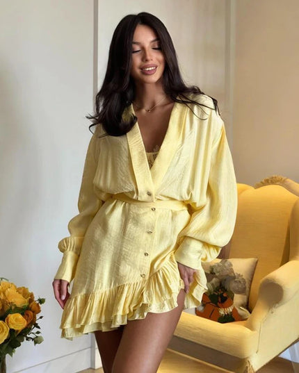 Women's Ruffled Shirt Dress with Deep V-Neck, Loose Lantern Sleeves