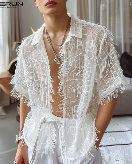 Men's Tassel Chiffon Shirt with Transparent Lapel