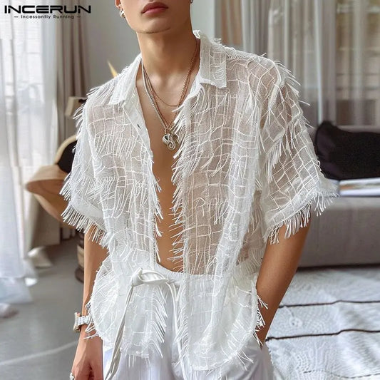 Men's Tassel Chiffon Shirt with Transparent Lapel