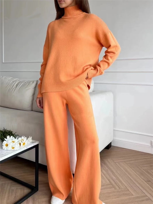 Women's 2 Piece Knitted Turtleneck Sweater & Straight Leg Pants Set