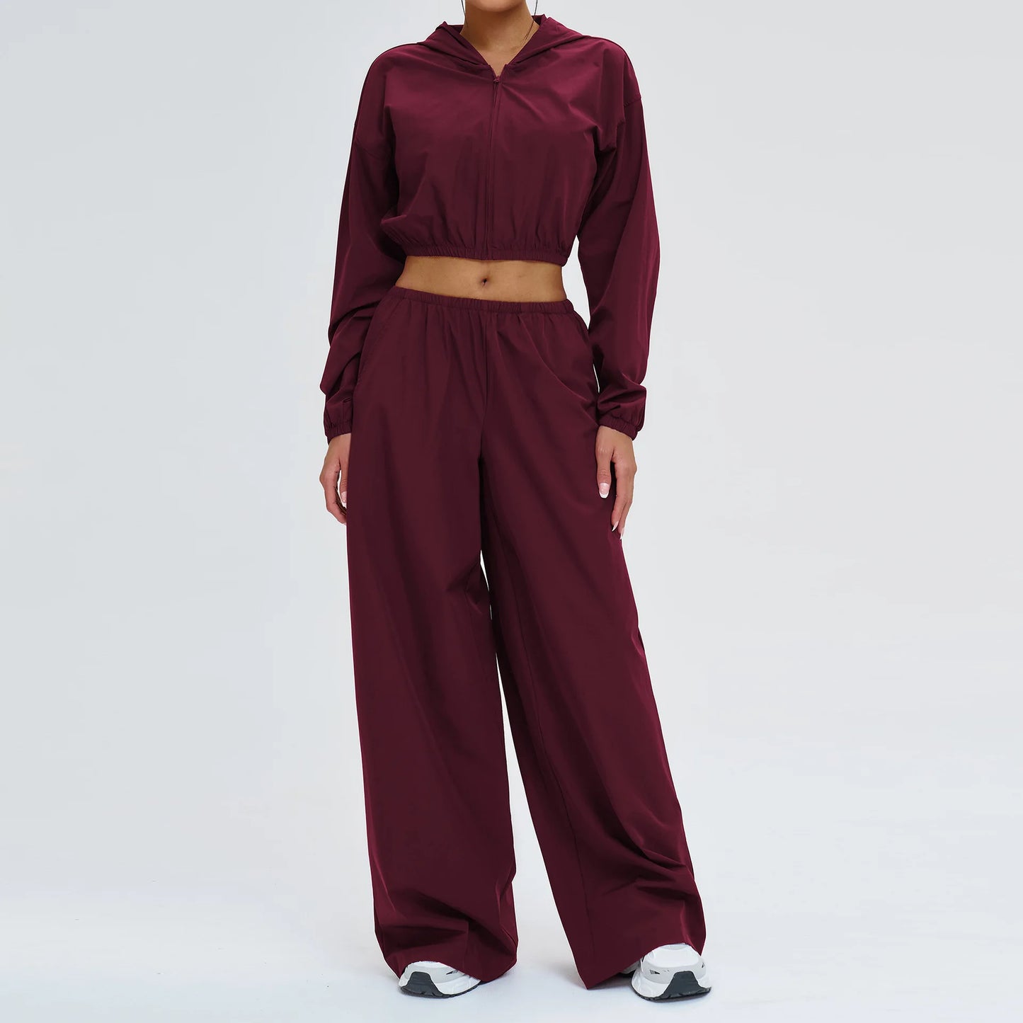 Women’s Two-Piece Set: Zipper Hooded Cropped Jacket and Wide-Leg Pants
