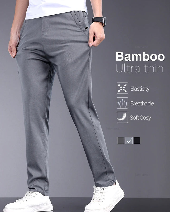 Men's Slim Straight Trousers - Soft, Thin, Bamboo Fiber Fabric with Elastic Stretch