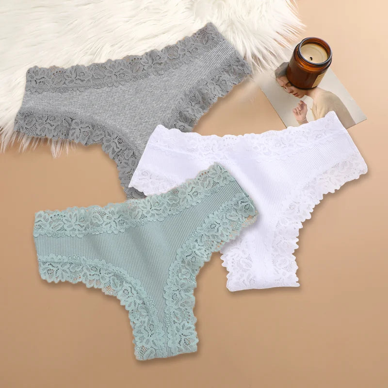 Set of 3 Women's Cotton Lace Panties - Floral Print & Trendy Patchwork Briefs