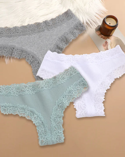 Set of 3 Women's Cotton Lace Panties - Floral Print & Trendy Patchwork Briefs