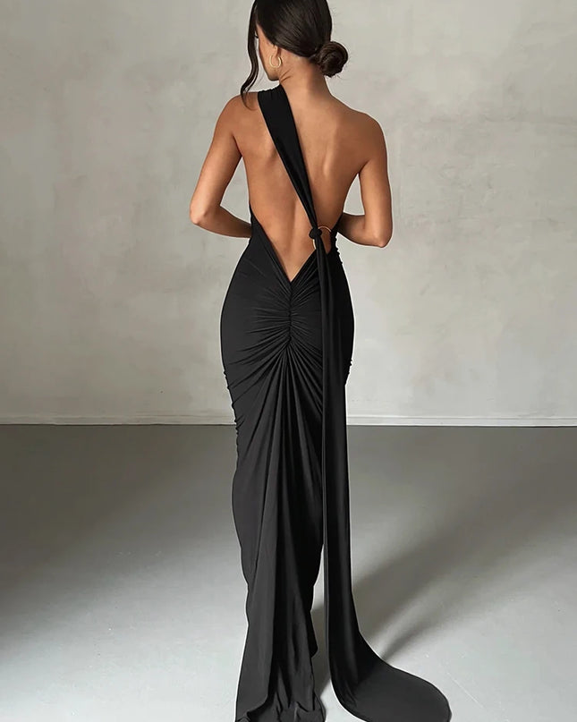 Hugcitar Adjustable Backless Ruched Dress with Single Shoulder and Scarf Loop for Women