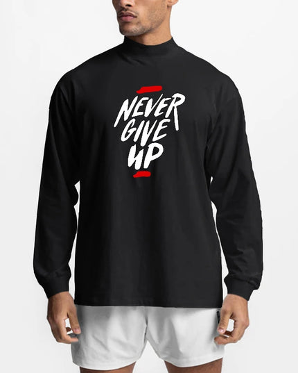 Men's Never Give Up Print Oversized Cotton Turtleneck Sweater