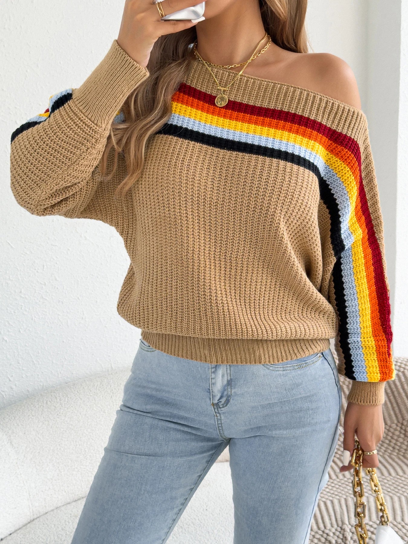 Contrast Color Striped Women's Sweater, Casual Round Neck, Long Sleeve Knitted Top