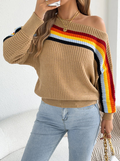 Contrast Color Striped Women's Sweater, Casual Round Neck, Long Sleeve Knitted Top