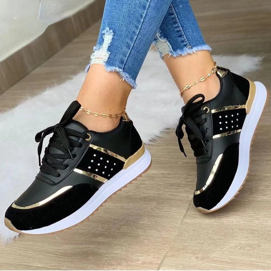 Women's Platform Sneakers - Faux Leather Patchwork Fashion Trainers