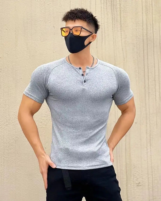 Men's Slim Fit Muscle T-Shirt - Half Button O-Neck