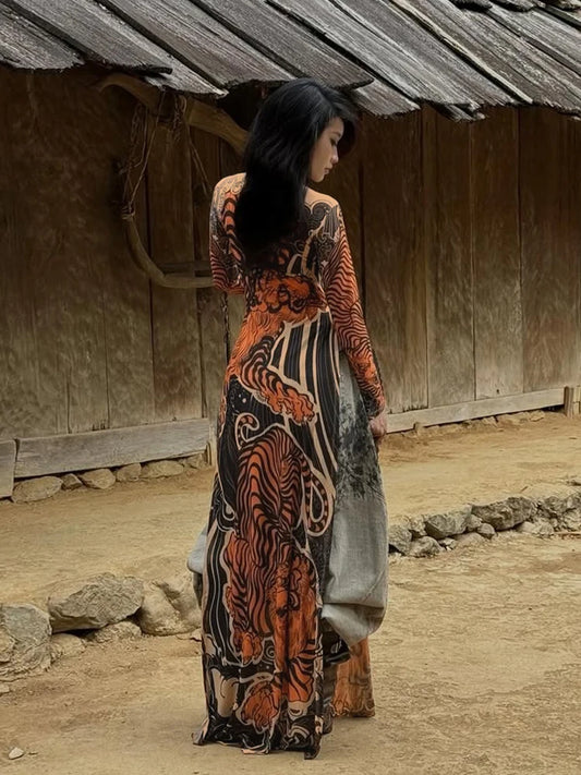 Transparent Women's Tiger Print High Neck Dress with High Slits